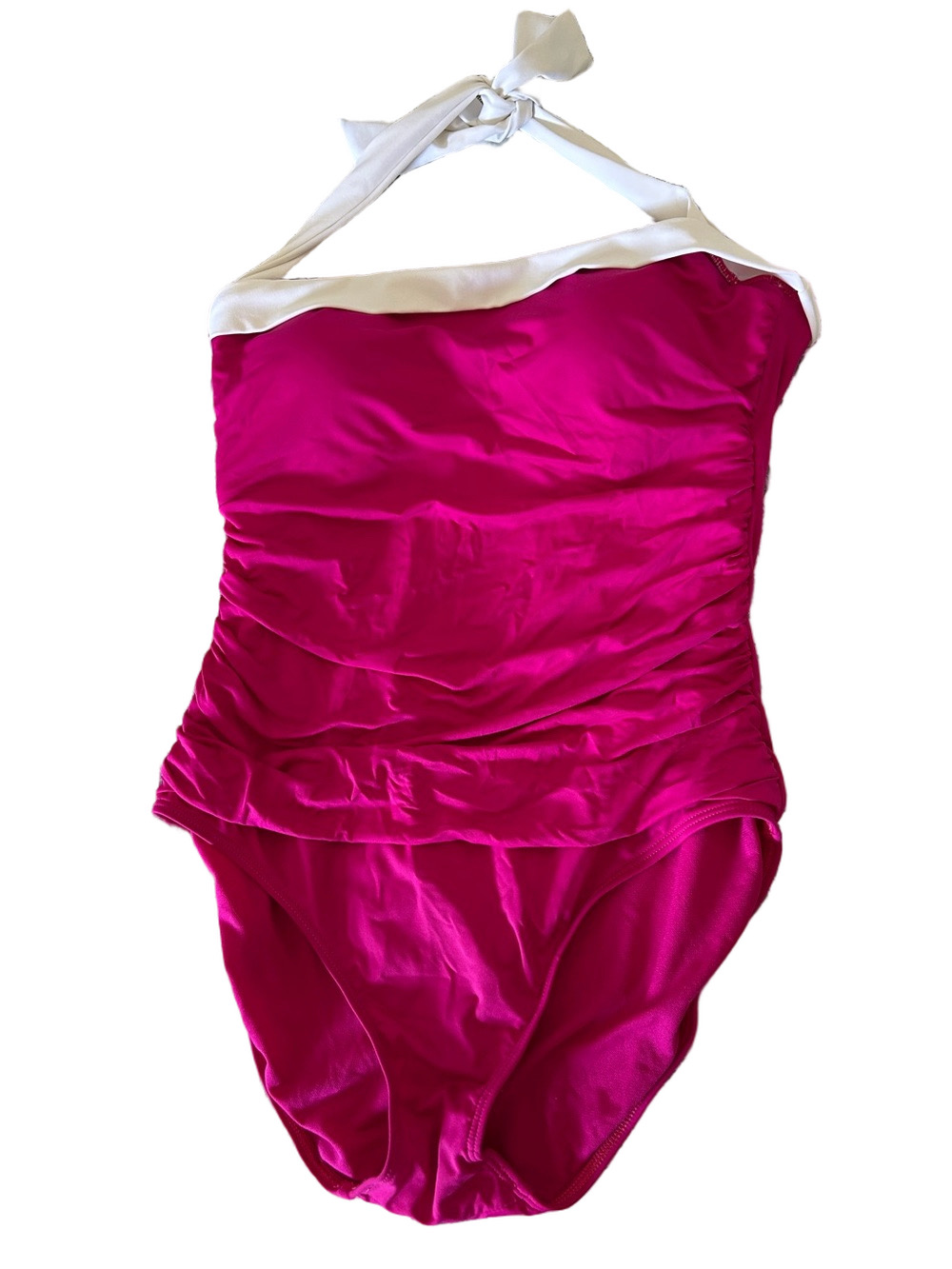 🦢LAUREN Ralph Lauren Hot Pink Halter One-Piece Swimsuit with White Trim size 14